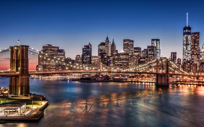 Il Ponte di Brooklyn, New York, Manhattan, sera, grattacieli, edifici moderni, paesaggio urbano di New York, 1 World Trade Center, skyline, NY, USA, Uno WTC, Freedom Tower