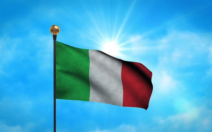 4k, italiano, bandiera, blu, cielo, Asia, simboli nazionali, Bandiera dell&#39;Italia, Italia, Europea paesi, Italia in 3D bandiera