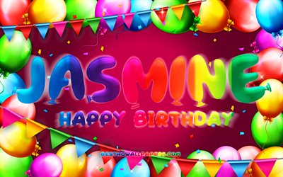 Happy Birthday Jasmine, 4k, colorful balloon frame, Jasmine name, purple background, Jasmine Happy Birthday, Jasmine Birthday, popular swedish female names, Birthday concept, Jasmine