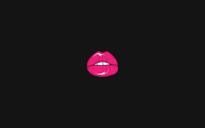 pembe dudakları, 4k, minimal, yaratıcı, sanat, minimalizm, gri arka planlar, dudaklar