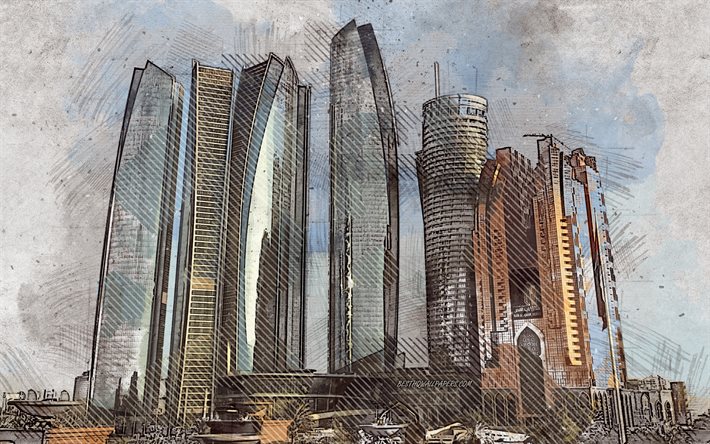 Abu Dhabi, grunge art, pilvenpiirt&#228;ji&#228;, creative art, maalattu Abu Dhabi, piirustus, UAE, digitaalista taidetta, Abu Dhabi grunge pilvenpiirt&#228;ji&#228;, Abu Dhabi grunge kaupunkikuvaan
