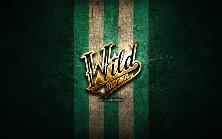 Iowa Wild, golden logo, AHL, green metal background, american hockey team, American Hockey League, Iowa Wild logo, hockey, USA