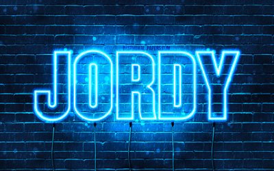 Jordy, 4k, tapeter med namn, &#246;vergripande text, Jordy namn, Grattis P&#229; F&#246;delsedagen Jordy, bl&#229;tt neonljus, bild med Jordy namn