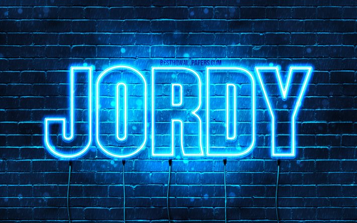 Jordy, 4k, pap&#233;is de parede com os nomes de, texto horizontal, Jordy nome, Feliz Anivers&#225;rio Jordy, luzes de neon azuis, imagem com Jordy nome