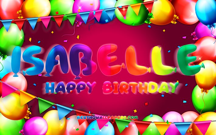Happy Birthday Isabelle, 4k, colorful balloon frame, Isabelle name, purple background, Isabelle Happy Birthday, Isabelle Birthday, popular swedish female names, Birthday concept, Isabelle