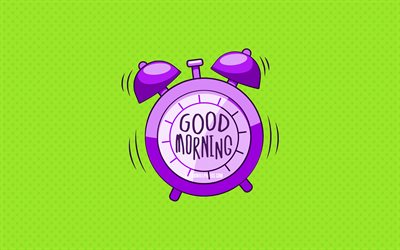 Good Morning, violet alarm clock, 4k, lime dotted backgrounds, good morning wish, creative, good morning concepts, minimalism, good morning with clock