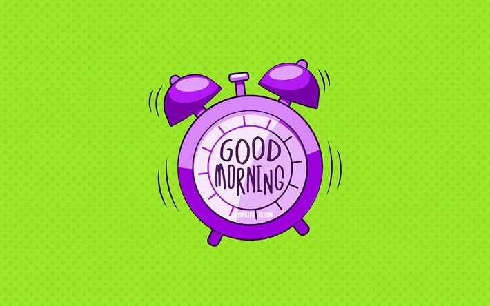 God Morgon, violett v&#228;ckarklocka, 4k, lime prickad bakgrund, god morgon &#246;nskar, kreativa, god morgon begrepp, minimalism, god morgon med klocka
