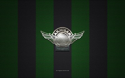 Akhisar Belediyespor logo, Turkish football club, metal emblem, green-black metal mesh background, TFF 1 Lig, Akhisar Belediyespor, TFF First League, Akhisar, Turkey, football, Akhisarspor