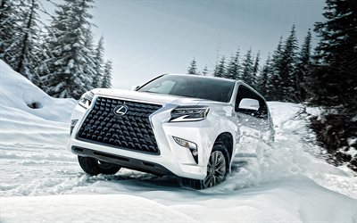 2020, Lexus GX, Luxury SUV, exterior, front view, GX460, white new GX, riding in the snow, Japanese SUV, Japanese cars, Lexus