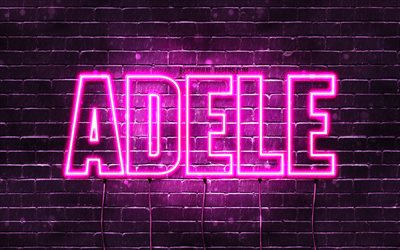 Adele, 4k, tapeter med namn, kvinnliga namn, Adele namn, lila neon lights, Grattis P&#229; F&#246;delsedagen Adele, bild med Adele namn