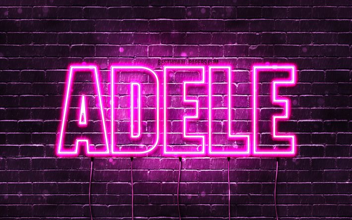 Adele, 4k, fondos de pantalla con los nombres, los nombres femeninos, Adele nombre, p&#250;rpura luces de ne&#243;n, Feliz Cumplea&#241;os Adele, la imagen con el nombre de Adele