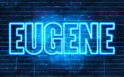 Eugene, 4k, wallpapers with names, horizontal text, Eugene name, Happy Birthday Eugene, blue neon lights, picture with Eugene name