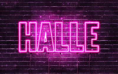 Hall, 4k, tapeter med namn, kvinnliga namn, Halle namn, lila neon lights, Grattis P&#229; F&#246;delsedagen Halle, bild med Halle namn
