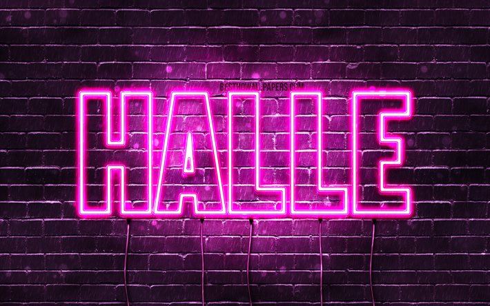 Hall, 4k, pap&#233;is de parede com os nomes de, nomes femininos, Halle nome, roxo luzes de neon, Feliz Anivers&#225;rio Halle, imagem com Halle nome