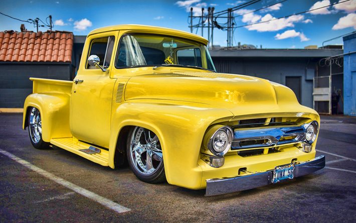 Ford F-100, jaune ramassage, HDR, 1956 voitures, voitures r&#233;tro, personnalis&#233; F-100, tuning, 1956 Ford F-100, camion pick-up Ford F-Series, low rider, Ford F100, des voitures am&#233;ricaines, Ford