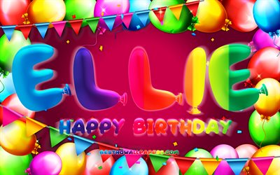 Happy Birthday Ellie, 4k, colorful balloon frame, Ellie name, purple background, Ellie Happy Birthday, Ellie Birthday, popular swedish female names, Birthday concept, Ellie