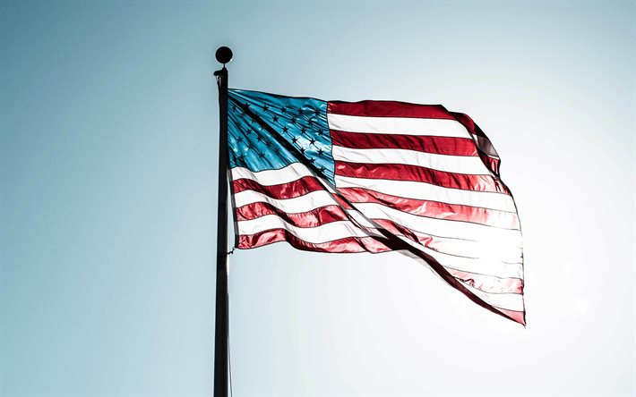 Amerikanska Flaggan, USA-flaggan p&#229; flaggst&#229;ngen, USA flagga, kv&#228;ll, sunset, USA, nationell symbol