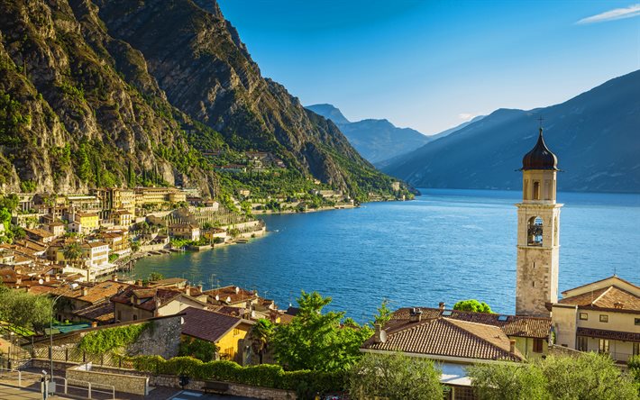 Lake Garda, 4k, Alps, church, summer, mountains, Italy, beautiful nature, Europe