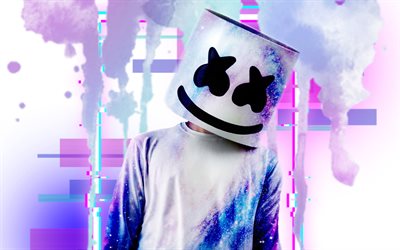 DJ Marshmello, &#233;claboussures de peinture violette, DJ am&#233;ricains, cr&#233;atifs, stars de la musique, Christopher Comstock, art grunge, Marshmello