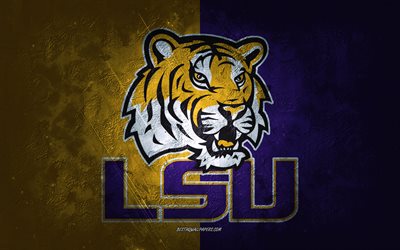 LSU Tigers, American football team, purple yellow background, LSU Tigers logo, grunge art, NCAA, American football, LSU Tigerss emblem