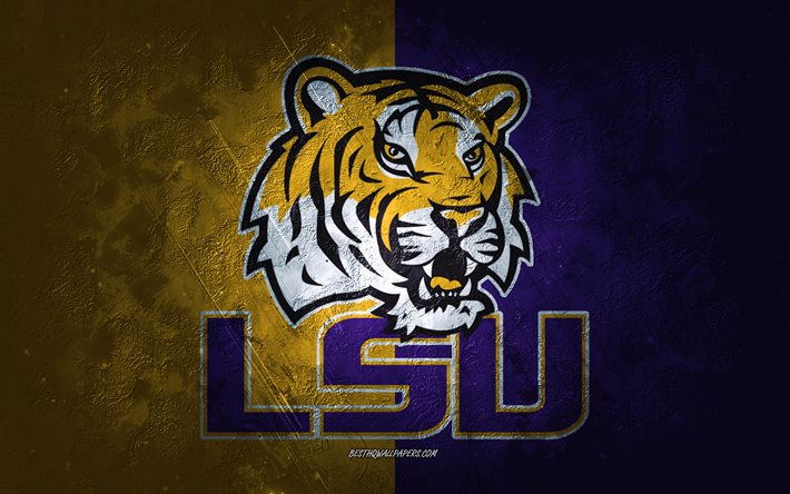 LSU Tigers, amerikkalainen jalkapallojoukkue, violetti keltainen tausta, LSU Tigers-logo, grunge-taide, NCAA, amerikkalainen jalkapallo, LSU Tigerss -tunnus