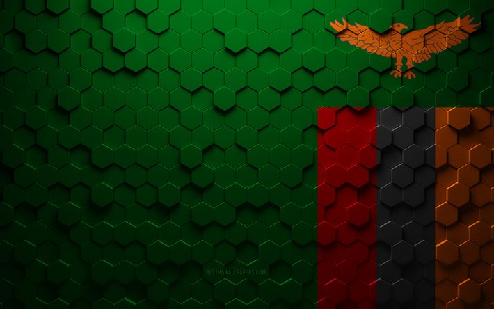 Drapeau de la Zambie, art en nid d&#39;abeille, drapeau des hexagones de la Zambie, Zambie, art des hexagones 3d, drapeau de la Zambie
