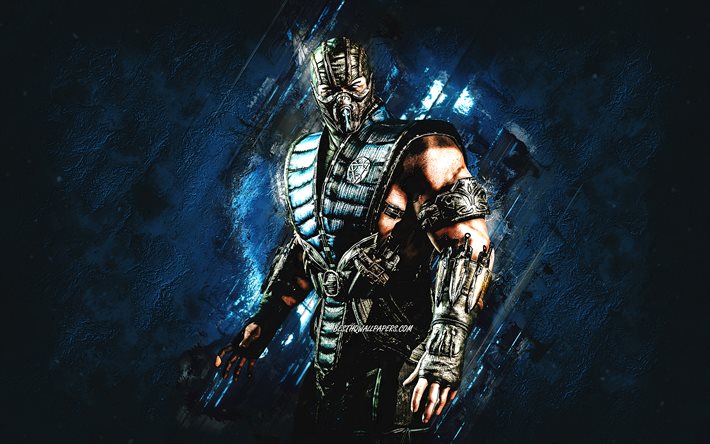 Sub Zero, Mortal Kombat, fond de pierre bleue, Mortal Kombat 11, art grunge Sub Zero, personnages de Mortal Kombat, personnage de Sub Zero