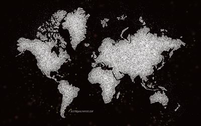 World glitter map, black background, World map, white glitter art, World map concepts, creative art, World white map, continents map