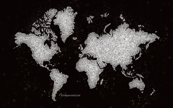 Mappa del mondo glitter, sfondo nero, mappa del mondo, arte con glitter bianco, concetti di mappa del mondo, arte creativa, mappa del mondo bianco, mappa dei continenti