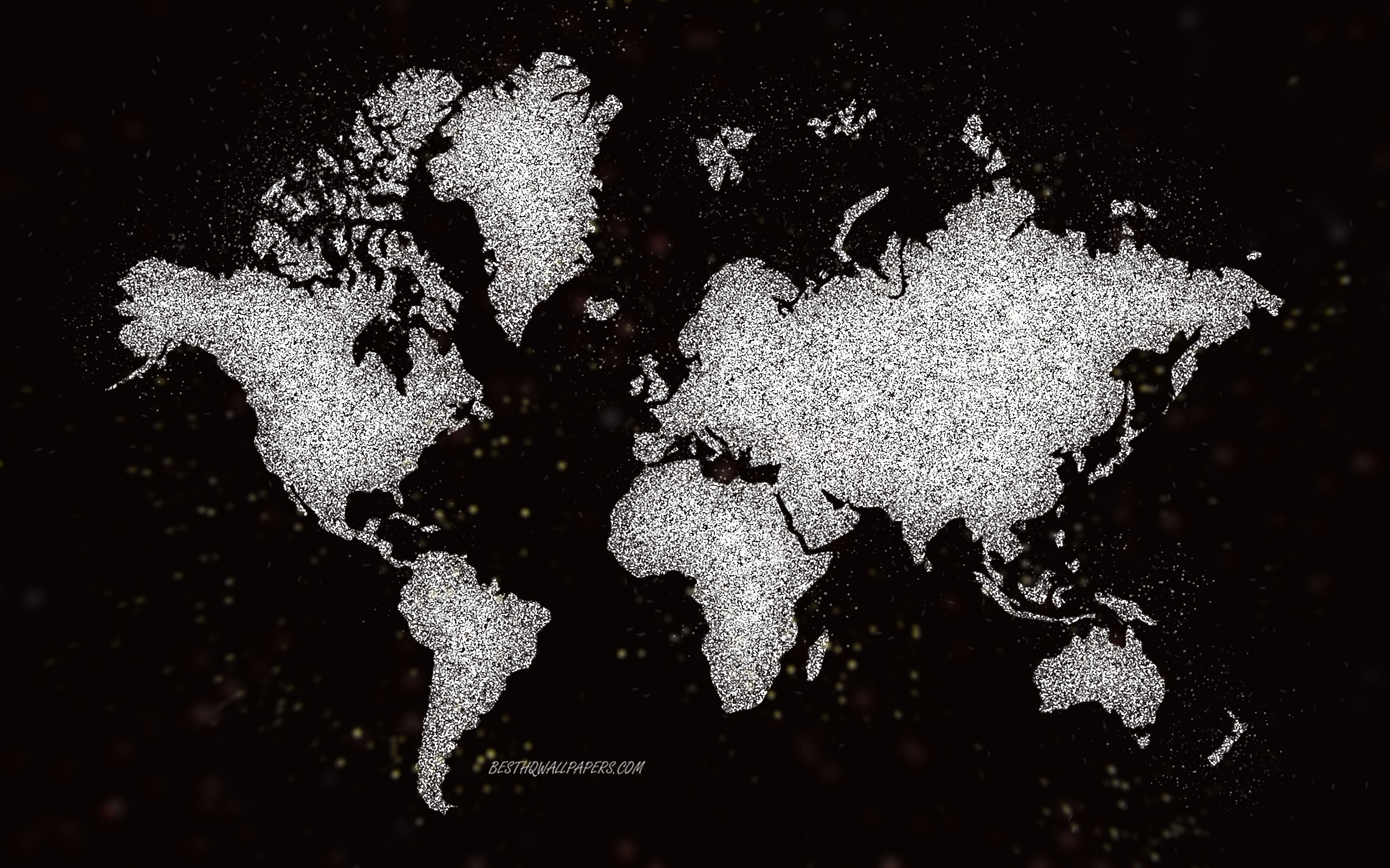 世界のキラキラマップ, 黒の背景, 世界地図, 白いキラキラアート, 世界地図の概念, クリエイティブアート, 世界の白い地図, 大陸地図