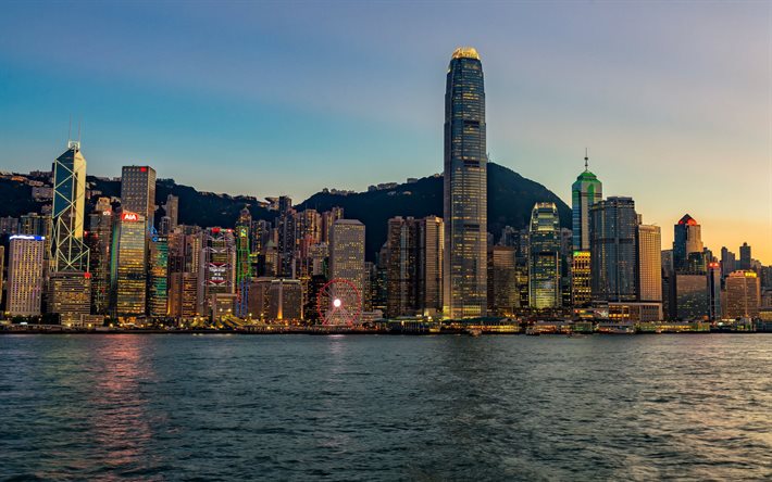 Hong Kong, International Commerce Centre, sera, tramonto, paesaggio urbano di Hong Kong, skyline di Hong Kong, grattacieli, Cina
