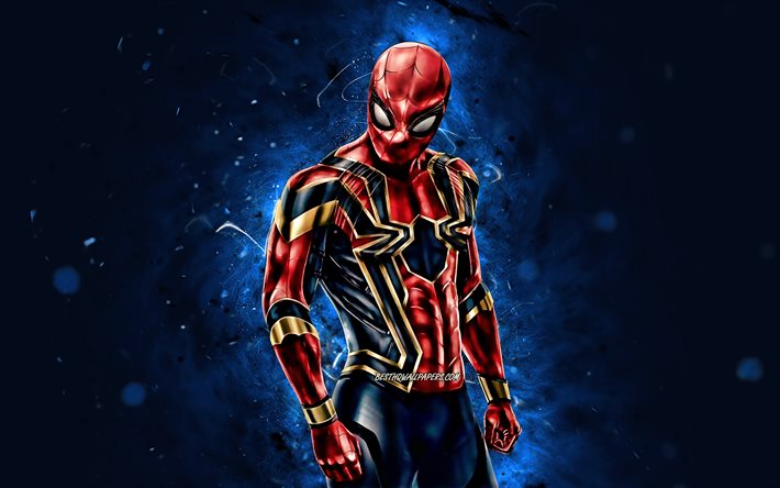 Iron Spider, 4k, bl&#229; neonljus, superhj&#228;ltar, Marvel Comics, Iron Spider Armor, Iron Spider 4K