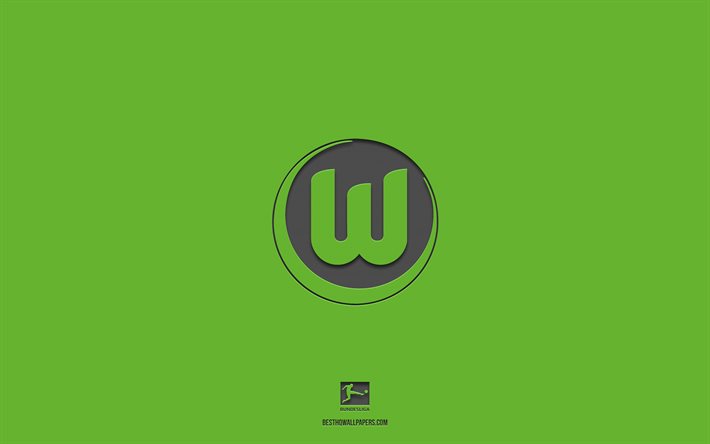 VfL Wolfsburg, sfondo verde, squadra di calcio tedesca, emblema VfL Wolfsburg, Bundesliga, Germania, calcio, logo VfL Wolfsburg