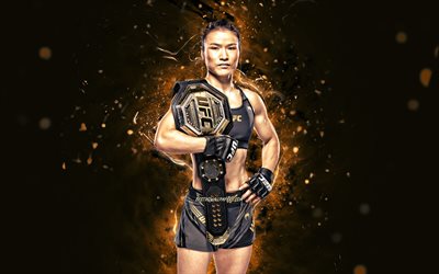 Zhang Weili, 4k, brown neon lights, chinese fighters, MMA, UFC, Mixed martial arts, Zhang Weili 4K, UFC fighters, MMA fighters, Zhang Weili with belt