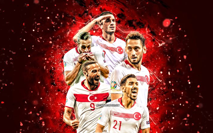 Yusuf Yazici, Cenk Tosun, Irfan Can Kahveci, Hakan Calhanoglu, Merih Demiral, 4k, Turkin jalkapallomaajoukkue, jalkapallo, jalkapalloilijat, punaiset neonvalot, Turkin jalkapallojoukkue