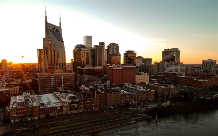 Nashville, noite, pôr do sol, horizonte de Nashville, paisagem urbana de Nashville, edifícios modernos, Tennessee, EUA
