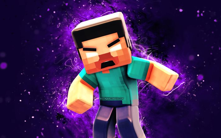 Herobrine, 4k, luzes de n&#233;on violeta, Minecraft, arte, personagens do Minecraft, Herobrine Minecraft