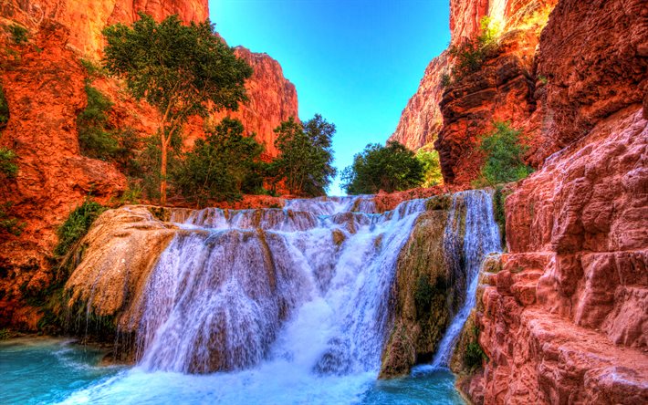 Beaver Falls, 4k, falaises, montagnes, l&#39;&#233;t&#233;, le Parc National du Grand Canyon, Arizona, monuments am&#233;ricains, USA, Am&#233;rique, belle nature