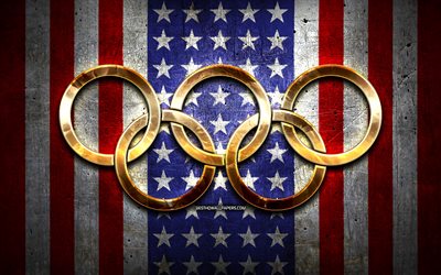 United States olympic team, golden olympic rings, United States at the Olympics, creative, US flag, metal background, USA Olympic Team, flag of United States, american flag
