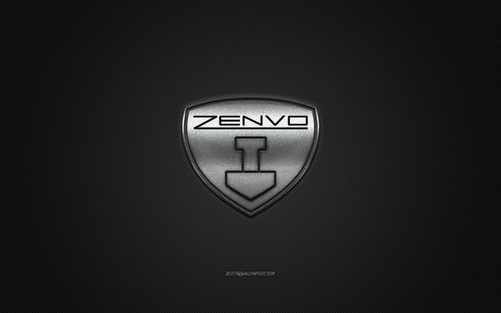 Zenvo-logo, hopeanv&#228;rinen logo, harmaa hiilikuitutausta, Zenvon metallitunnus, Zenvo, automerkit, luovaa taidetta