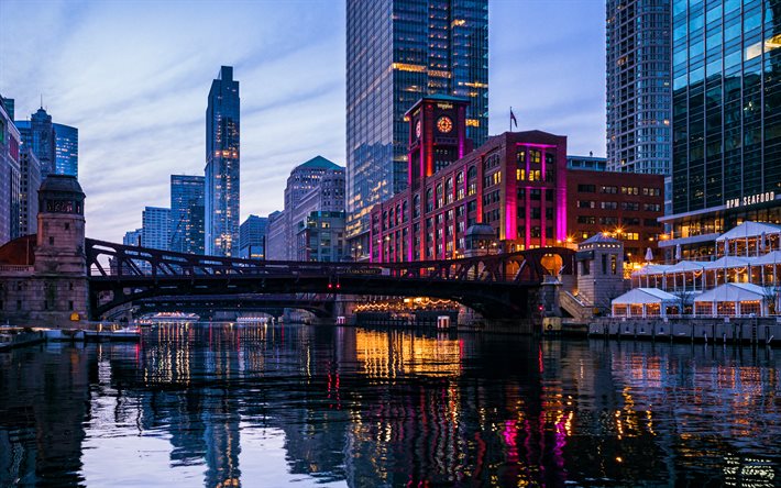 Chicago, 4k, water channel, american cities, USA, nightscapes, Chicago in evening, America