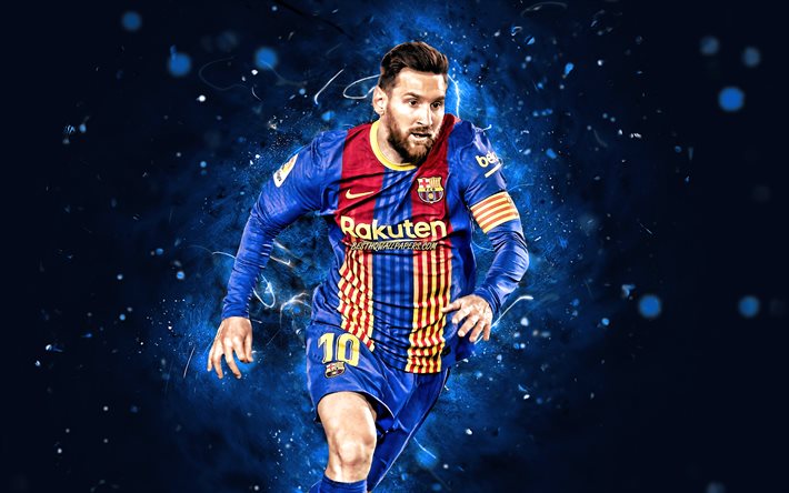 4k, Lionel Messi, 2021, Barcelona FC, blue neon lights, La Liga, argentinian footballers, FCB, Lionel Messi 4K, football stars, Messi, Leo Messi, Barca, soccer, LaLiga