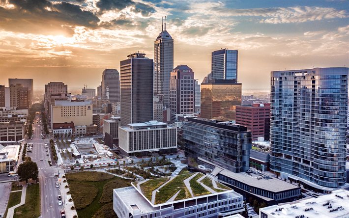 Indianapolis, Salesforce Kulesi, g&#246;kdelenler, akşam, g&#252;n batımı, Indianapolis manzarası, Indianapolis şehir manzarası, Indiana, ABD