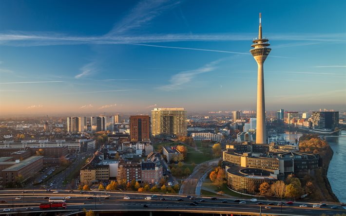 Torre del Rin, 4k, ciudades alemanas, paisajes urbanos, Rheinturm, Dusseldorf, Europa, Alemania, Ciudades de Alemania, Dusseldorf Alemania