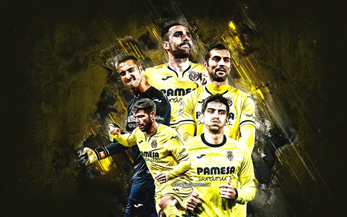 Villarreal CF, spansk fotbollsklubb, La Liga, Spanien, fotboll, gul sten bakgrund, Villarreal konst, Paco Alcacer, Gerard Moreno, Raul Albiol
