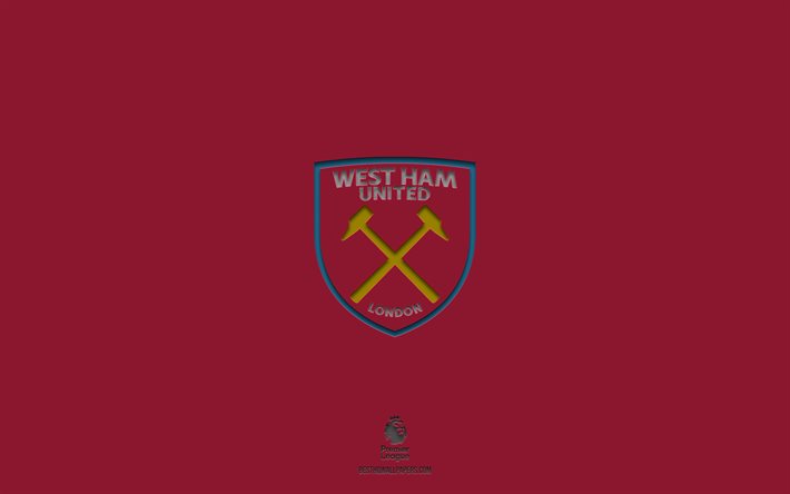 West Ham United FC, vinröd bakgrund, engelska fotbollslag, West Ham United FC emblem, Premier League, England, fotboll, West Ham United FC logotyp
