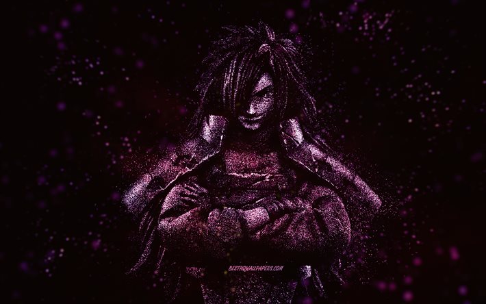 Madara Uchiha, arte com purpurina roxa, personagens de Naruto, protagonista, fundo preto, Naruto, mang&#225; japon&#234;s, Uchiha Madara, samurai, Madara Uchiha Naruto