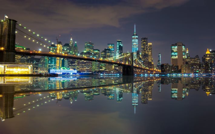 New York, night, manhattan, lights, World Trade Center 1, New York city skyline, Brooklyn Bridge, New York City skyline, USA