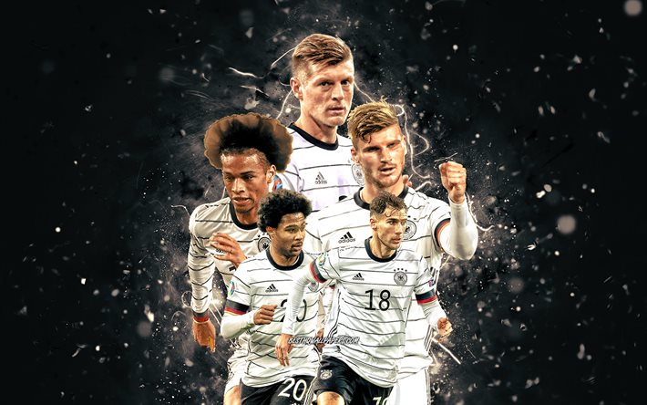 Timo Werner, Leroy Sane, Toni Kroos, Leon Goretzka, Serge Gnabry, 4k, Saksan jalkapallomaajoukkue, jalkapallo, jalkapalloilijat, valkoiset neonvalot, Saksan jalkapallojoukkue