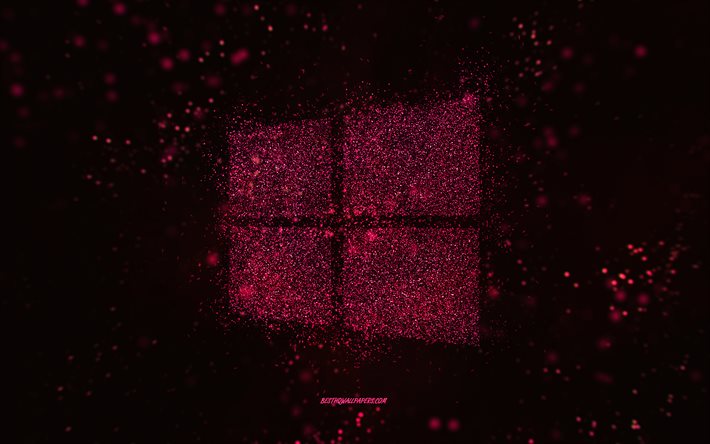 Windowsのキラキラロゴ, 黒の背景, Windowsロゴ, ピンクのキラキラアート, Windows, クリエイティブアート, Windowsピンクのキラキラロゴ, Microsoft Windows 10